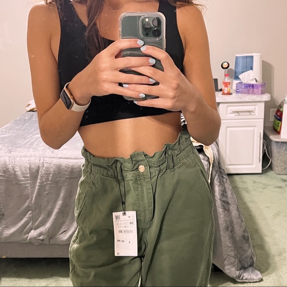 Zara Pants & Jumpsuits Zara Olive Green Paper Bag Carrot Leg Ankle